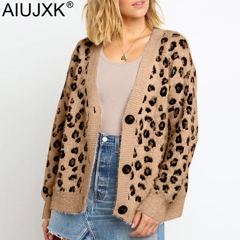 

AIUJXK New Arrival 2019 Women Leopard Cardigans Fashion Autumn Winter Oversize Faux Mink Cashmere Sweater Coat Female Casual Top
