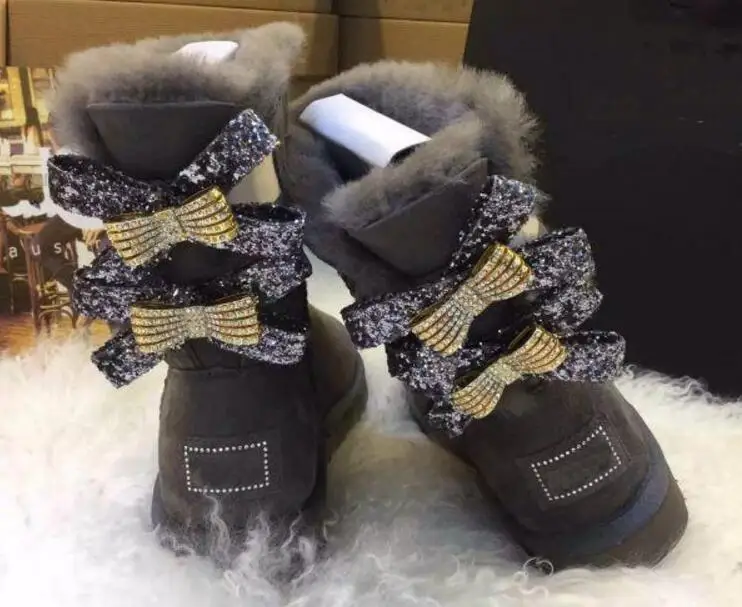 

2018 Australia style Women Genuine sheep Leather and real fur boots Winter Women Snow Boots two diamond bows Winter Boots