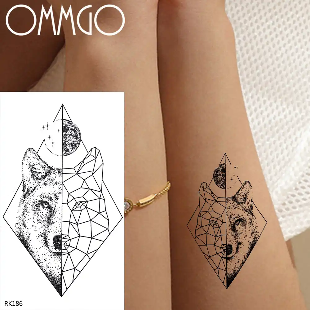 Ommgo الوشم المؤقت على شكل قمر أو ذئب ملصق بتصميم هندسي حيوان أسود ألماس ذراع مقاوم للماء Temporary Tattoos Aliexpress