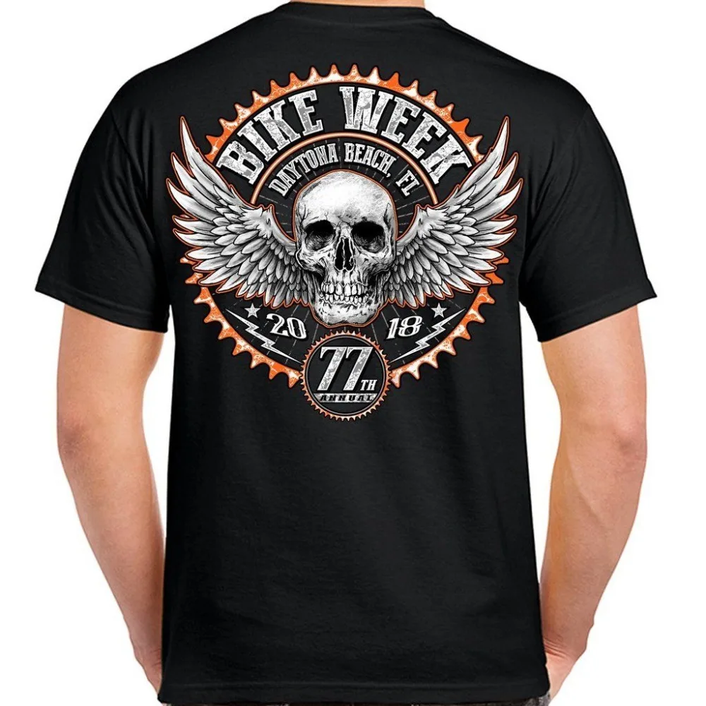 

2019 Famous Design Summer New Print Man 100% Cotton Fashion T Shirt Biker Week Biker Tattoo 2018 Skull Motorcycle Tee Shirt