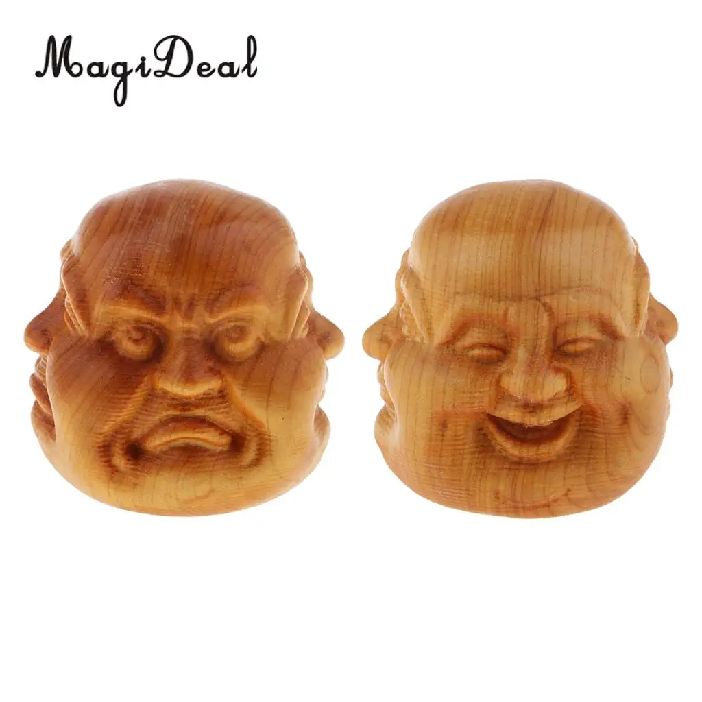 2pcs Buddha Head Statue Wooden Sculpture Figurine Mini Home Decor