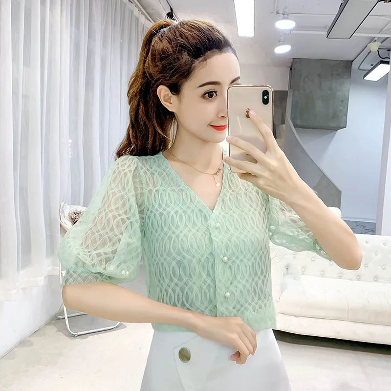 

Women's Shirt 2019 Summer V-neck Mesh Short Sleeve Cardigan Shirt Female Lantern Sleeve Shirts Blouse Women Tops