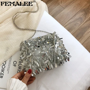 

Beaded chains Shoulder Bag Women Sequined Clutch Purse small Silver Flap bag Female Fashion Tassel Bags Party Evening Handbags