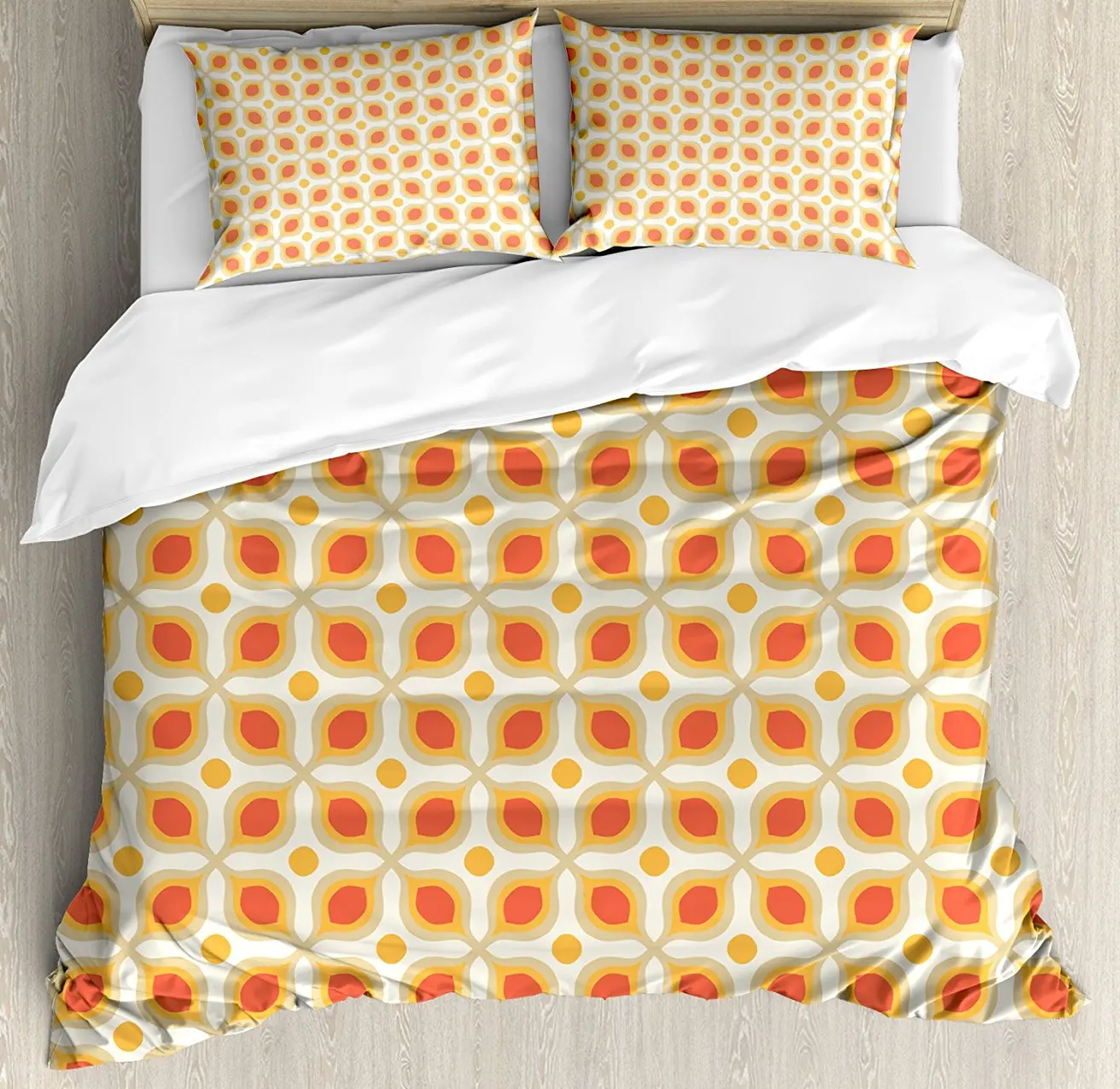 Duvet Cover Set, Linked Bold Geometric Shapes 70s Vintage Style