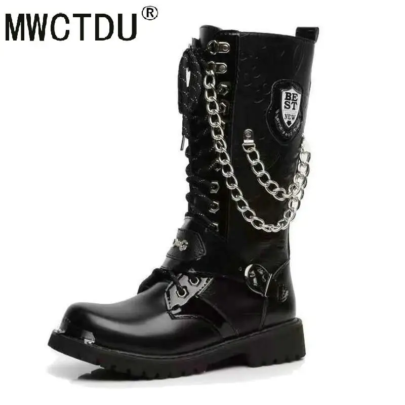 MWCTDU Army Boots Men High Military Combat Men Boots Mid Calf Metal Chain Male Motorcycle Punk Boots Spring Men's Shoes Rock