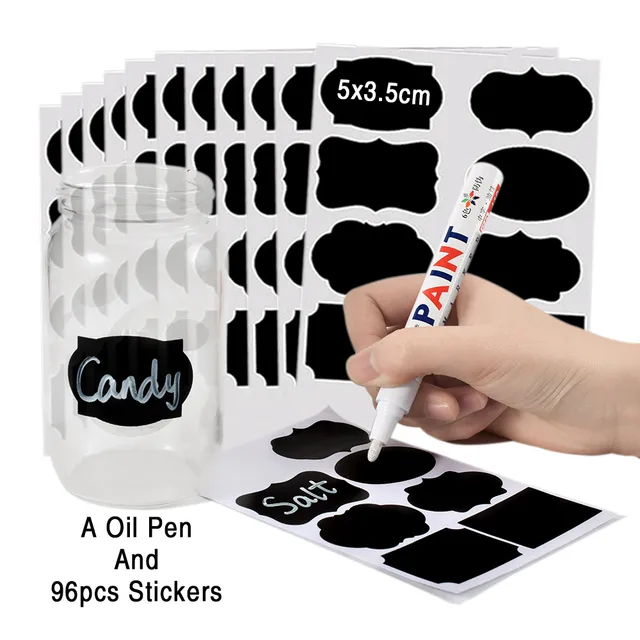 96pcs Reusable Kitchen Jam Jar Stickers Label Blackboard Sticker Use On Candy Snack Nut Storage Box Container With Oily Pen