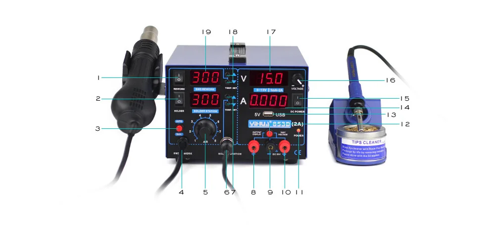 YiHua 853D паяльная станция 3в1 паяльная станция BGA паяльная станция горячий воздушный пистолет 15 в 2 А источник питания паяльник машина ЕС США штекер