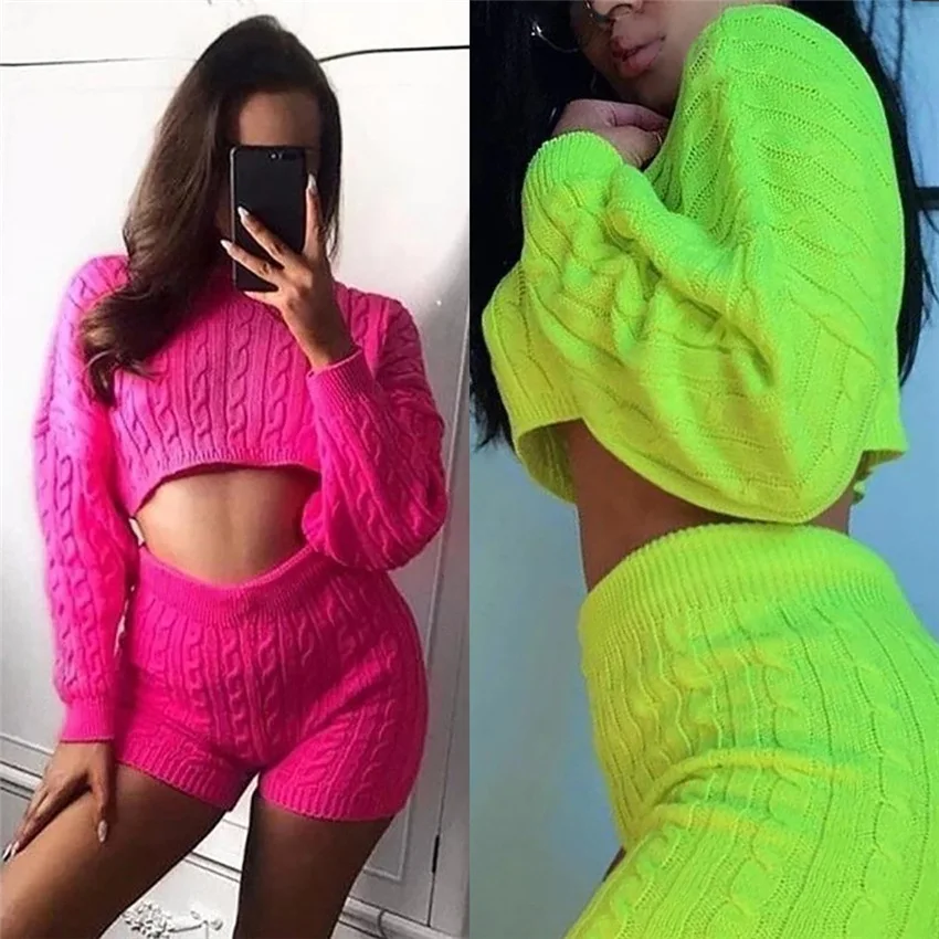 

Adogirl Neon Knitted 2 Piece Set Women Long Sleeve Crop Tops and Shorts Matching Sets 2019 Winter Sweater Two Piece Set Outfits