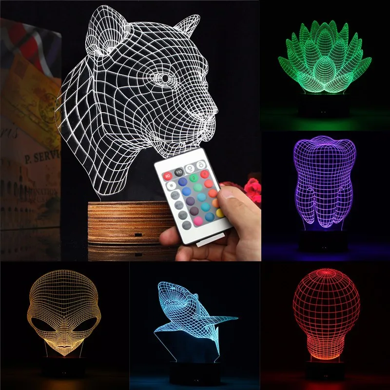 

3D Handmade Acrylic Lamp USB Remote Control Color Changing LED Night Light Lotus Leopard Bulb Tooth Shark Alien Shape