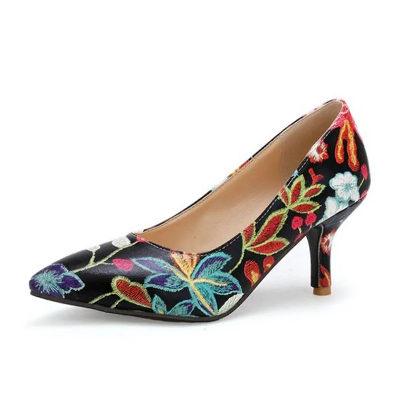 TAOFFEN/Большие размеры 33-45; женские туфли-лодочки на высоком каблуке; женские туфли-лодочки с острым носком без застежки с вышитыми цветами в китайском стиле - Цвет: Черный