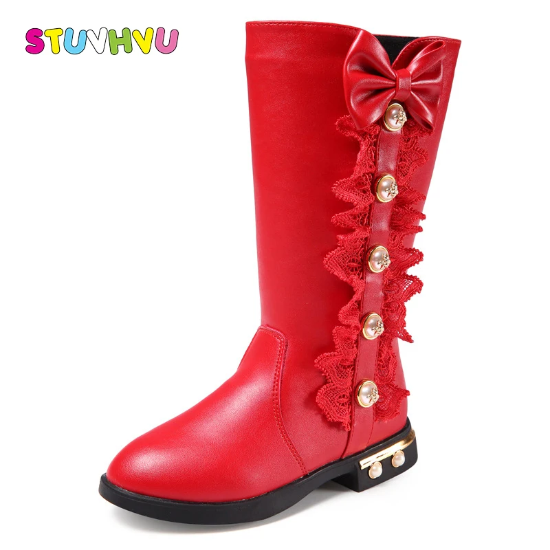 

Children bowknot girls lace high boots winter fashion pearls leather waterproof Martin boots cashmere warm long cotton boot kids