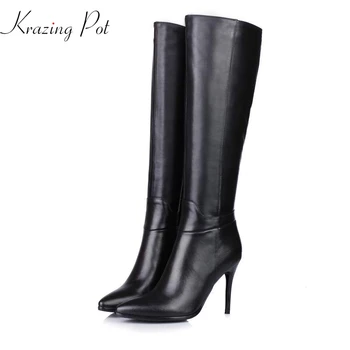 

Krazing Pot 2020 cow leather pointed toe winter season stiletto extreme high heels streetwear banquet sexy thigh high boots L29