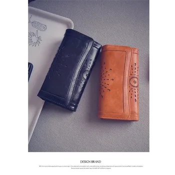 

Ladies Brown Foldable Wallet Women's Leather Clutch Bag Hollow Ladies Long Wallet Hand Wallet Credit Card Holder