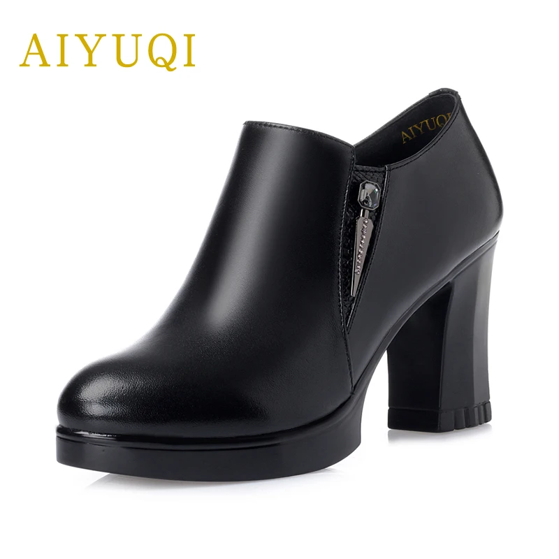 

AIYUQI 2019 new spring genuine leather women high-heeled shoes deep zipper waterproof platform fashion pumps brand shoes women