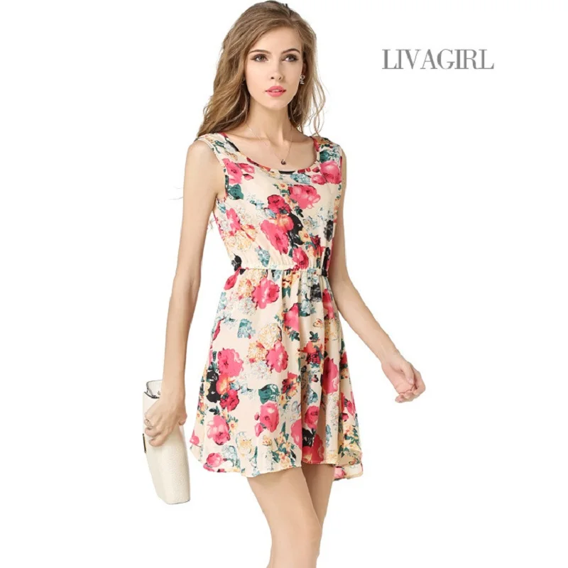 

2018 summer bottom dress sleeveless printed Bohemian chiffon dress flower vest dress women