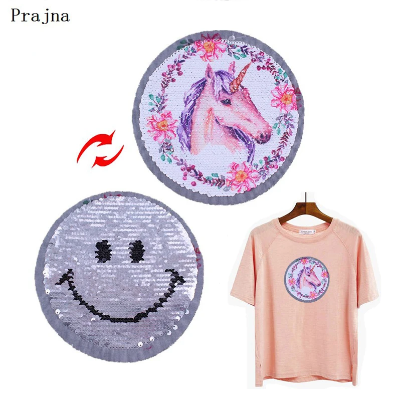 

Prajna Unicorn Patches Clothing Applique Flower Reversible Change Color Patch For Sewing Clothes Stickers For T-shirts DIY Horse