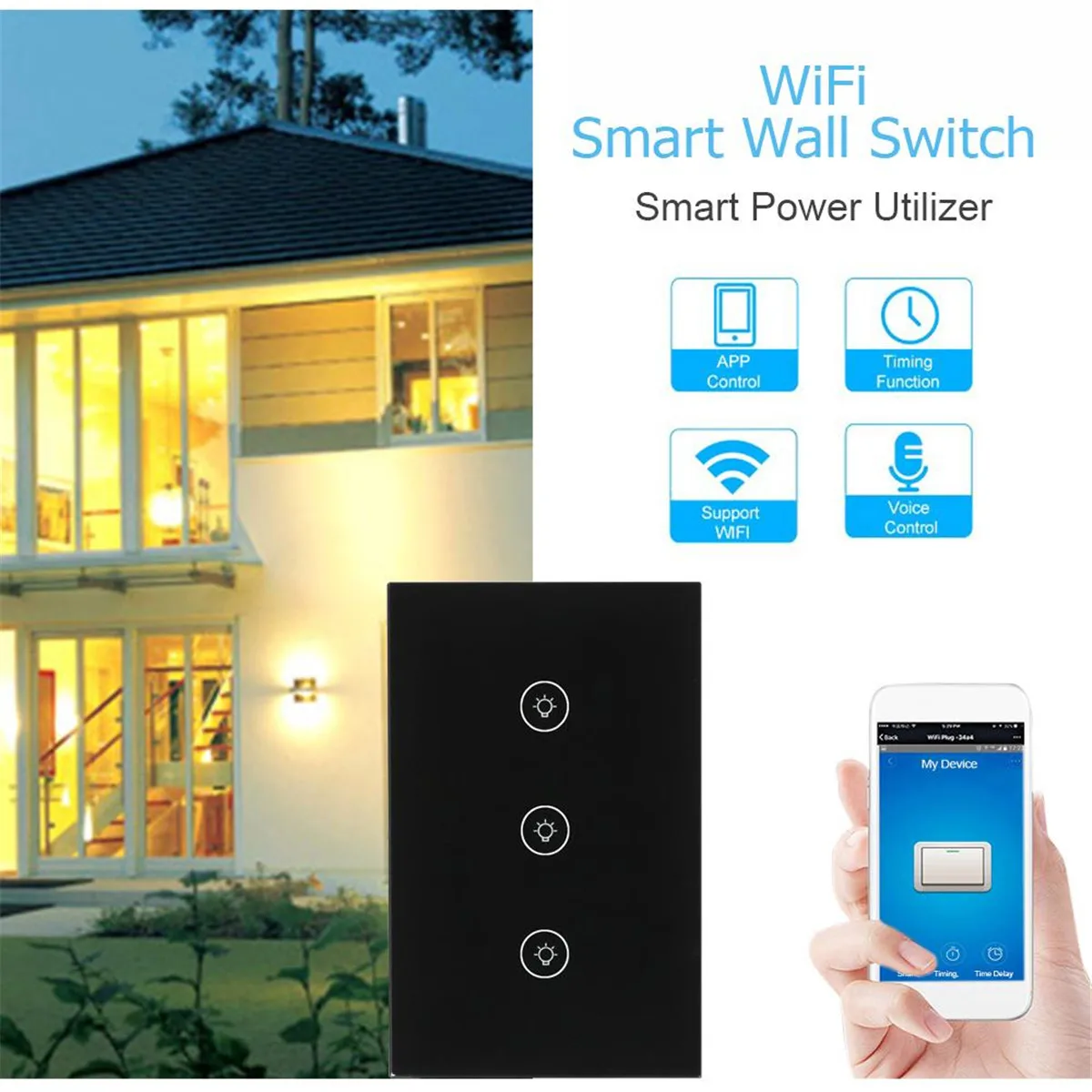 

WiFi Smart Light Switch 1/2/3 Gang EU/UK/US Plug App Remote Control Wall Switch Work with Alexa/Google Black Intelligent Safety