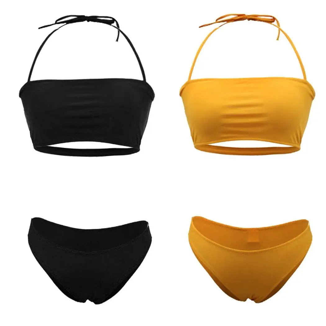 Women Halter Neck Adjustable Spaghetti Strap Yes Back Buckle Solid Bottom Fashion Summer Bikini Set Beach |