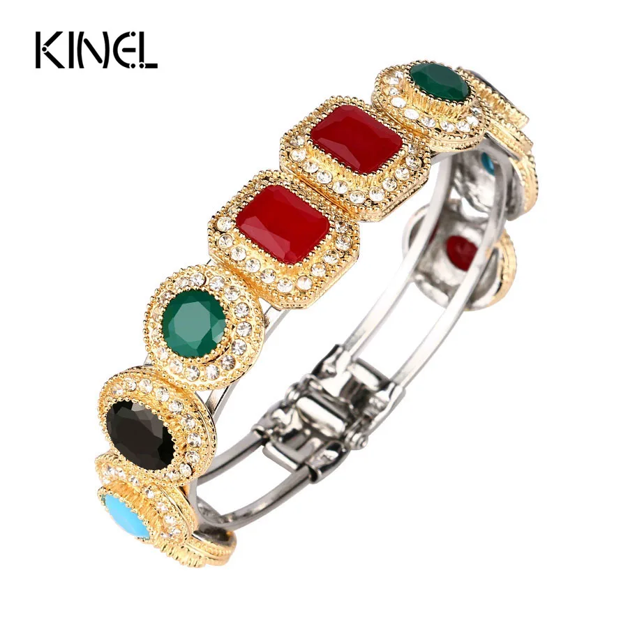 

Luxury 2016 From India Vintage Resin Bracelet For Women Fashion Plated Gold Mosaic Crystal Unique Party Gift