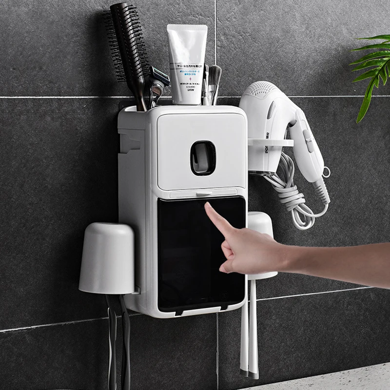 

Wall Mounted Toothpaste Hair Dryer Storage Shelves Racks Bathroom Organizer Toothbrush Phone Holder Box Case Home Accessories