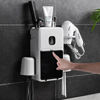 

Wall Mounted Toothpaste Hair Dryer Storage Shelves Racks Bathroom Organizer Toothbrush Phone Holder Box Case Home Accessories
