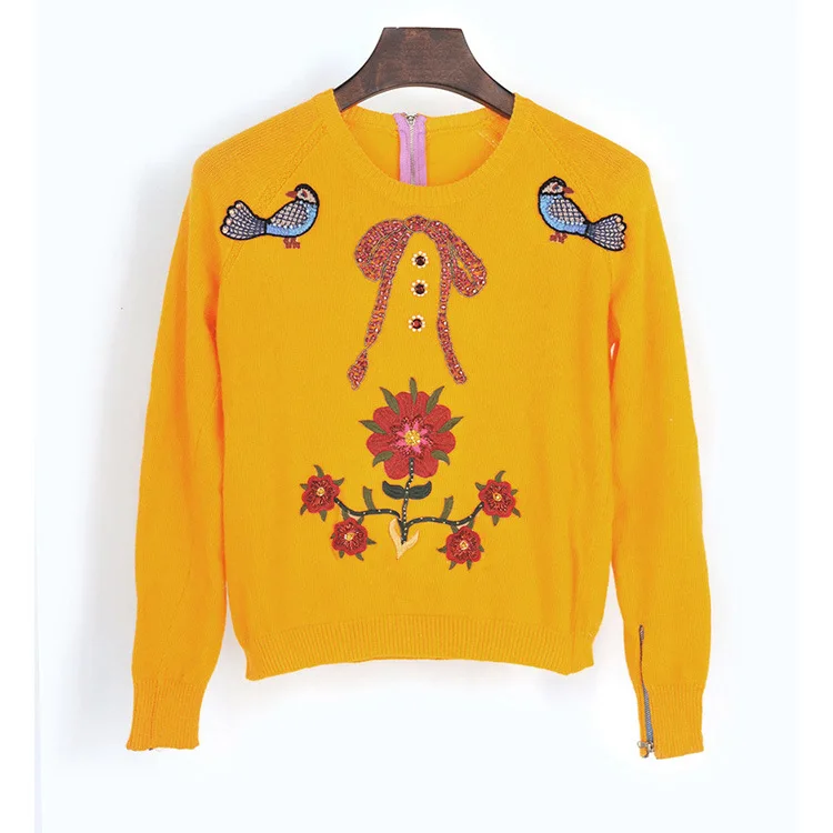 Same Heavy Industry Custom Beads Flower Embroidery Sweater Knitwear Coffee Pu Leather Long Sleeve Set 2019 Women Sweater