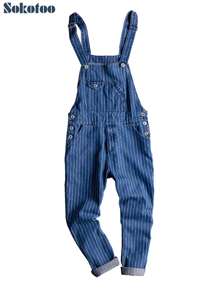 

Sokotoo Men's striped printed denim slim bib overalls Vintage suspenders jumpsuits Casual cargo coveralls Jeans