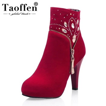 

TAOFFEN Size 32-43 Women High Heel Boots Zipper Round Toe Bling Female Winter Shoes Elegant Mature Shoes Woman Footwear