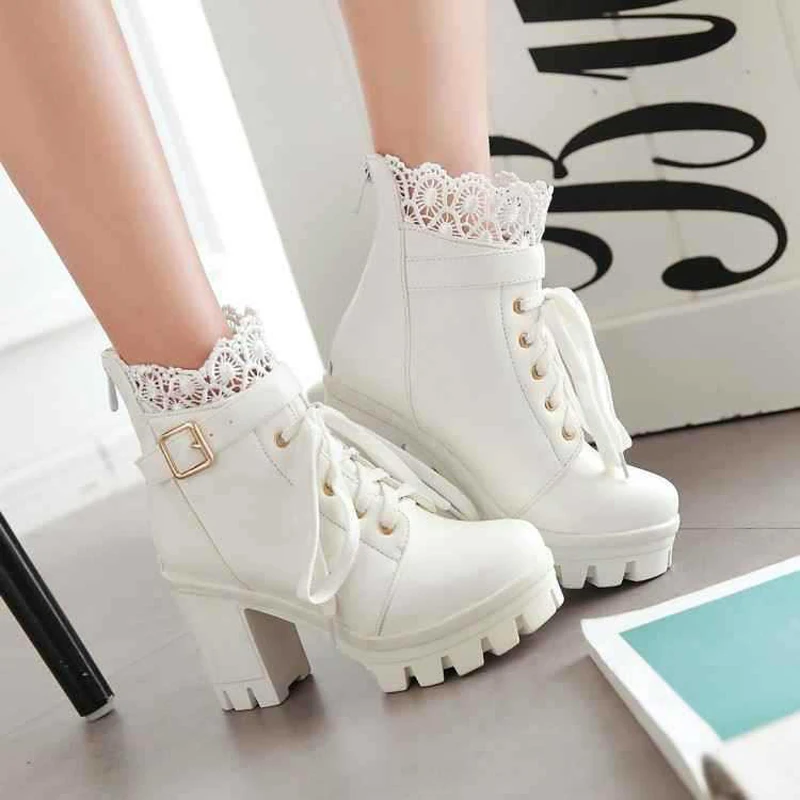 

Hot Sale Autumn Winter Women Boots Thick Platform Chunky High Heels 9.5cm Black White Lace Up Women Winter Boots B03