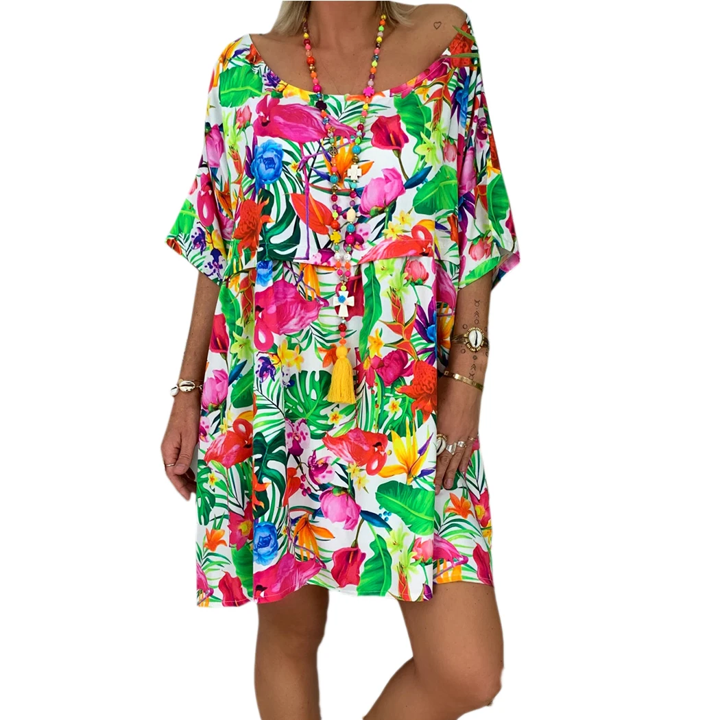 Женское леопардовое пляжное платье Boho свободное с коротким рукавом повседневное
