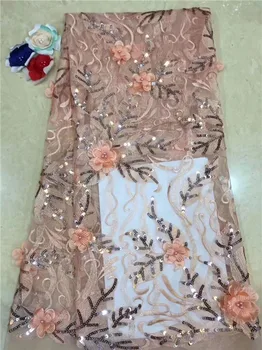 

Beautiful French tulle material hot sale net lace fabric with 3D appliques and sequins for sewing dress PNZ915 (5yards/lot)