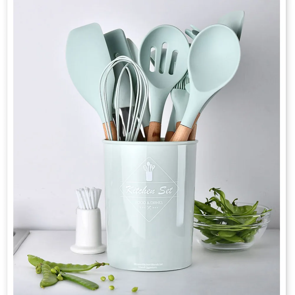 

11Pcs Cooking Tools Kitchen Utensil Set Silicone Wooden Handle Spoon Spatula Ladle Egg Beaters Nonstick Dinnerware Accessories