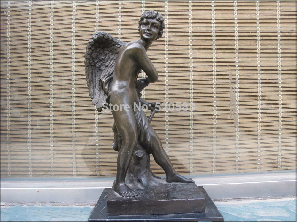 

17"Greek Myth Bronze Marble ART have wing cupid arrows bow and arrow sculpture