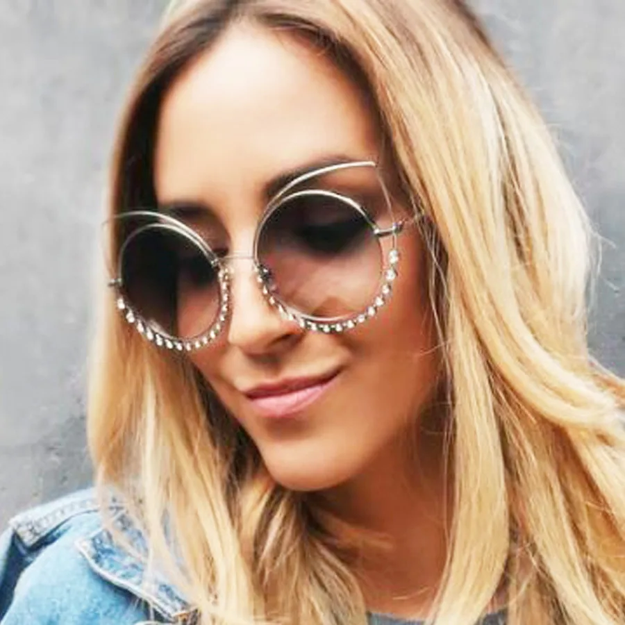 Luxury Celebrity Vintage Round Rhinestone Cat Eye Sunglasses Women Brand Design Shades UV400 Sun Glasses Female