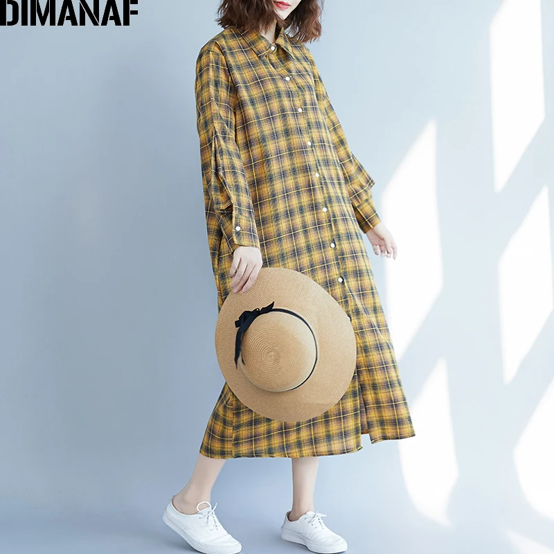  DIMANAF Women's Clothing Female Blouse Shirts Long Sleeve Linen Vintage Plus Size Ladies Tops Plaid