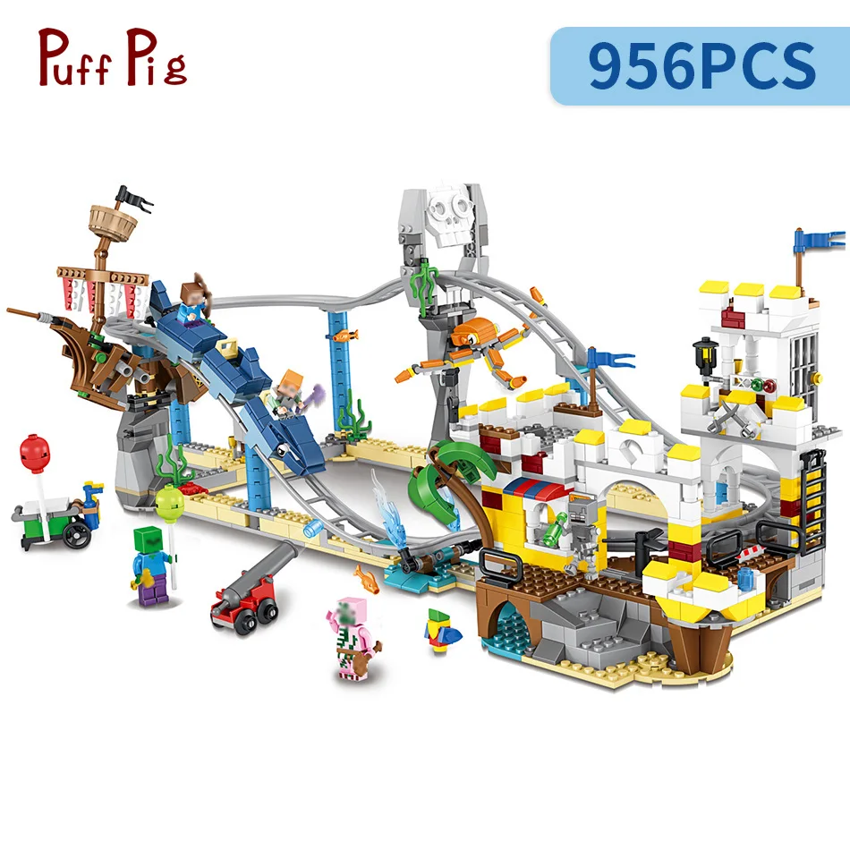 

956pcs 3 in 1 Pirate Roller Coaster Minecrafted Figures Building Blocks Compatible Legoing Technic Educational Toys Child Gift