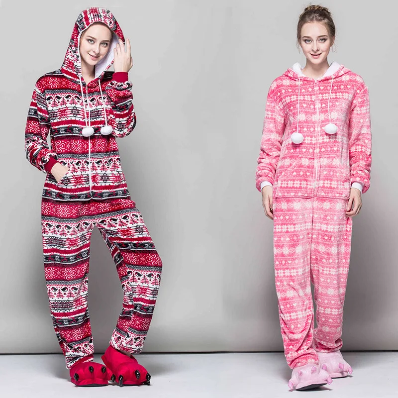 

Women Winter Homewear Kigurumi Red Bird Onesies Snowflake Pajama Flannel Adult Hooded Cartoon Sleepwear Animal Pajamas