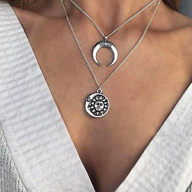 

Fashion creative summer exquisite versatile retro lady simple sun angle moon multi-layer necklace ladies fashion jewelry necklac