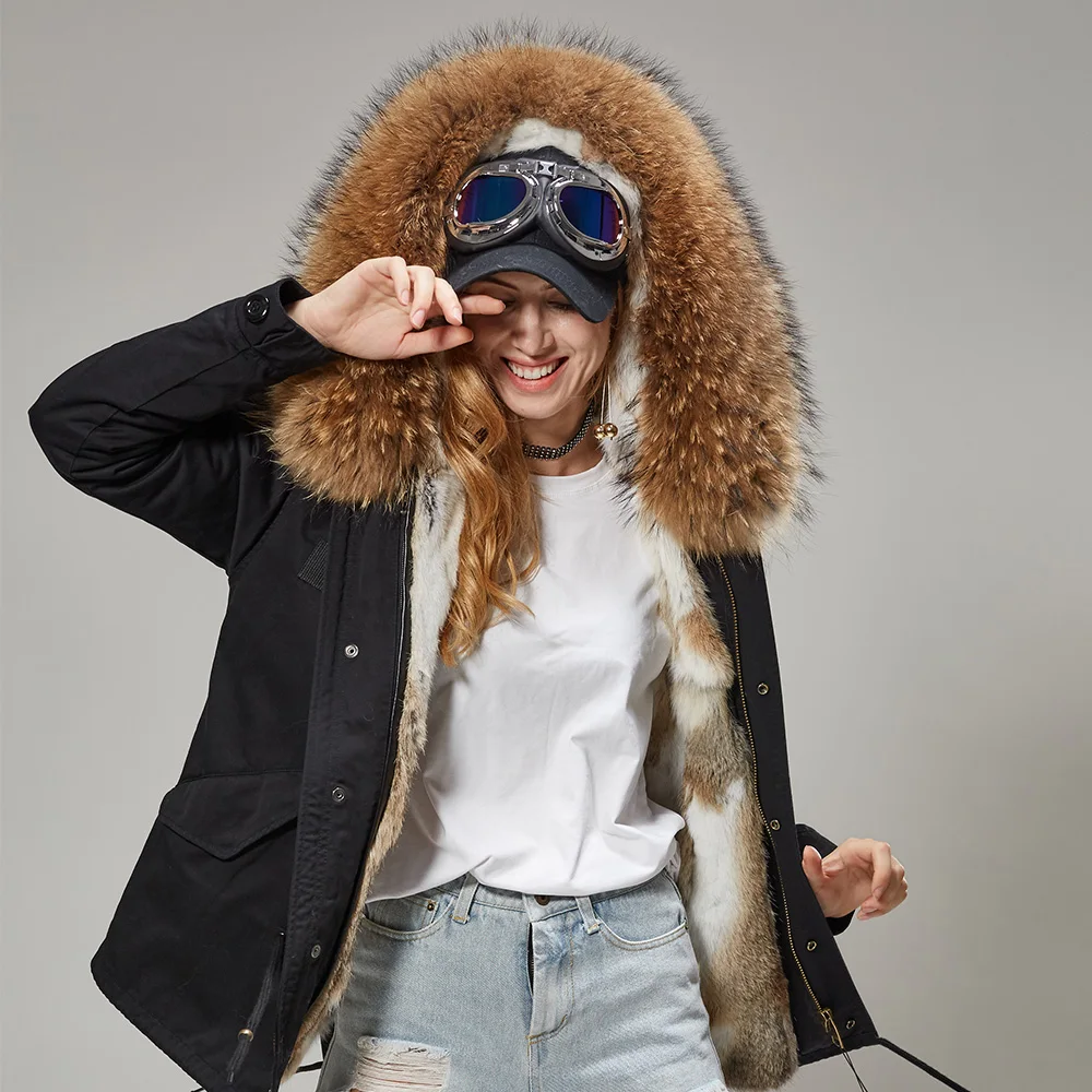 Clearance 2019 real rabbit fur lining super raccoon fur collar short section slim fit casual fur women