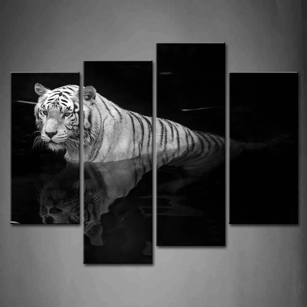 

4 Panels Framed Wall Art Picture White Tiger Water Canvas Print Artwork Modern Poster With Wooden Frames For Living Room