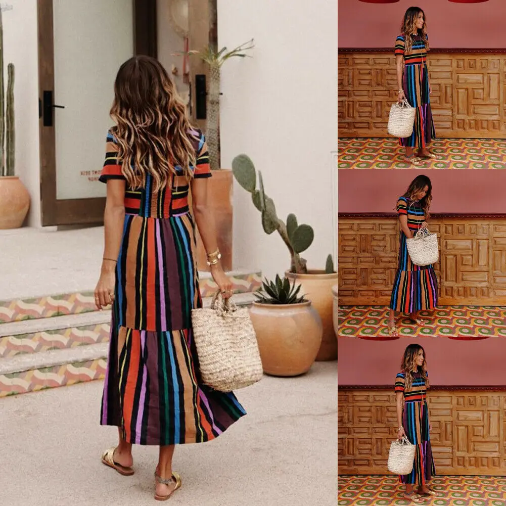 

Fashion Womens Floral Long Maxi Rainbow Strip Dress Short Sleeve Evening Party Summer Beach Dresses Sundress New