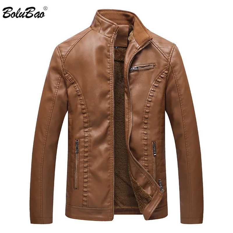 

BOLUBAO Men Winter Leather Suede Jacket Casual Zipper PU Motorcycle Thicken Fleece Men Slim Fit Male Leather Jackets Coats