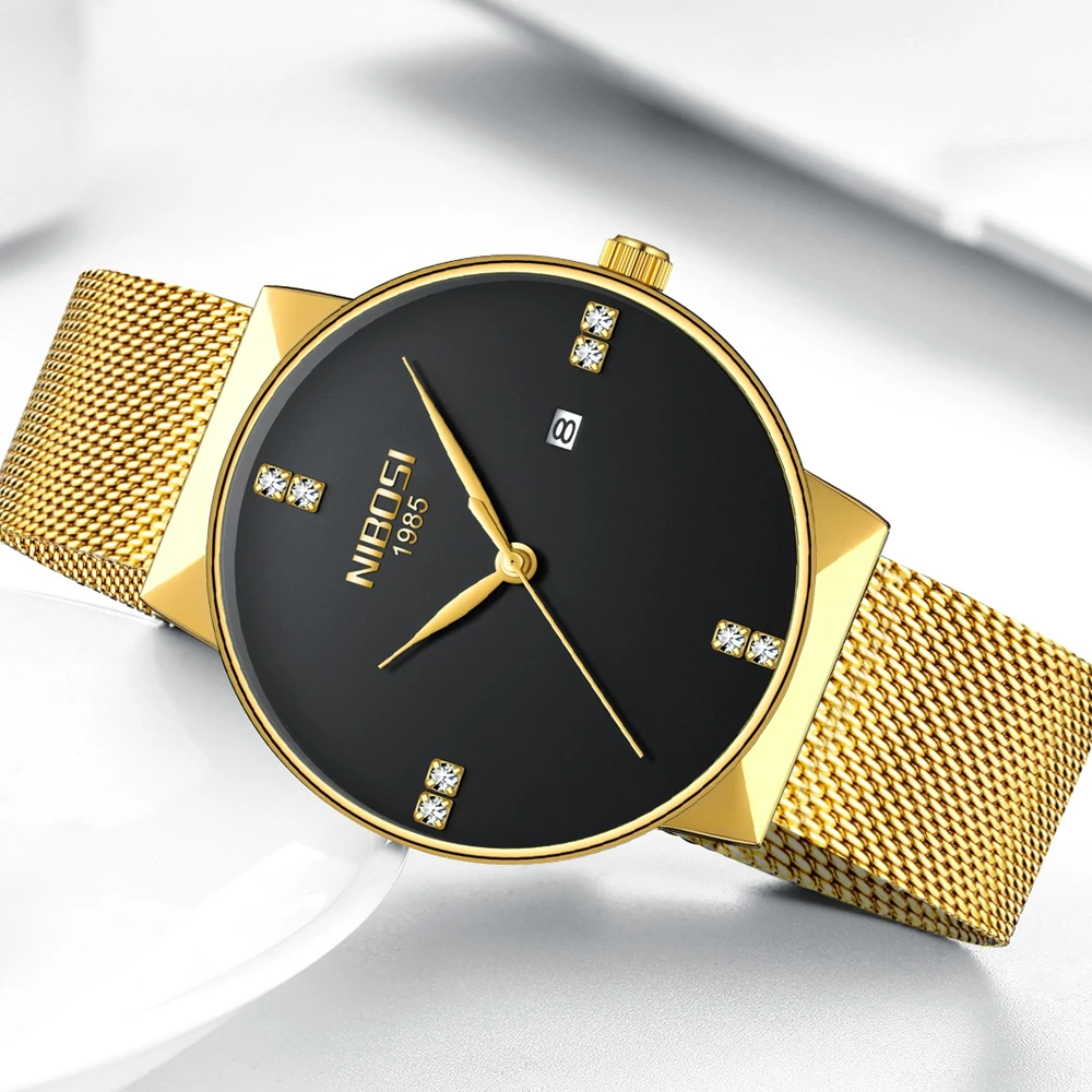 NIBOSI Mens Watches Top Brand Luxury Blue Quartz Watch Men Diamonds Slim Mesh Steel Waterproof Sport Watch Relogio Masculino