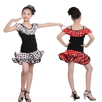 

Free Shipping Girls Fashion Polka Dot Shirt Suit Child Kid Practice Samba Tango Latin Dress