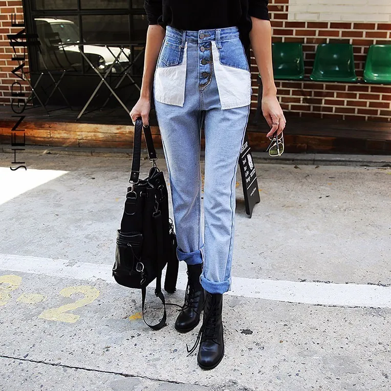 

SHENGPALAE 2019 New Contrast Color Spring Split Joint High Waist Straight Jeans Pocket Botton Decoration Trousers Women TA024