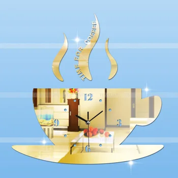 

DIY Home Decor Wall Sticker Clock Mirror Effect Coffee Cup Shape Large Decorative Wall Clocks for Living Room