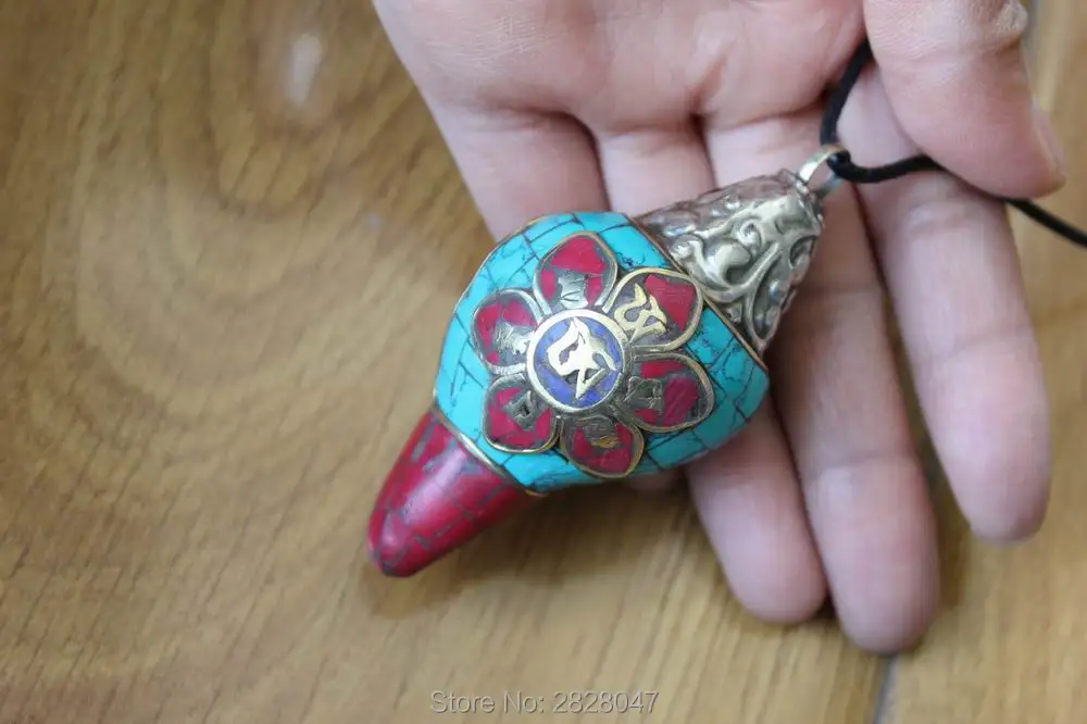 

PN104 Ethnic Tibet Shell Six Words Mantra Conch Big Pendants Handmade Nepal Copper Colorful Stone Amulet