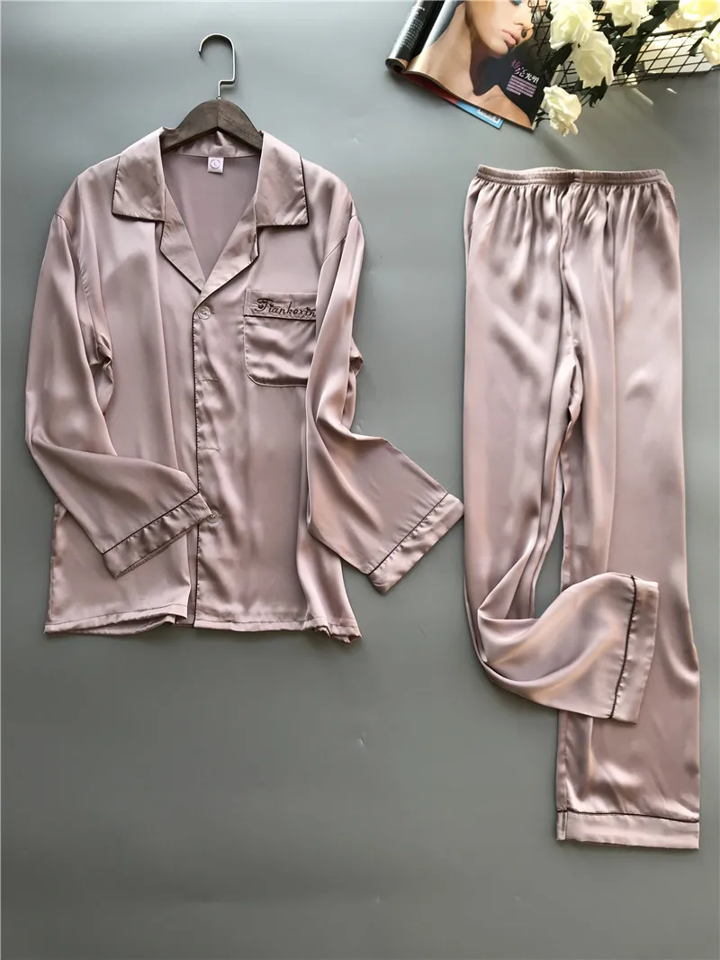 Daeyard Мужской Шелковый пижамный комплект, ночная рубашка с длинным рукавом и штаны с эластичной резинкой на талии, пижамные комплекты, Повседневная Свободная одежда для сна, домашняя одежда