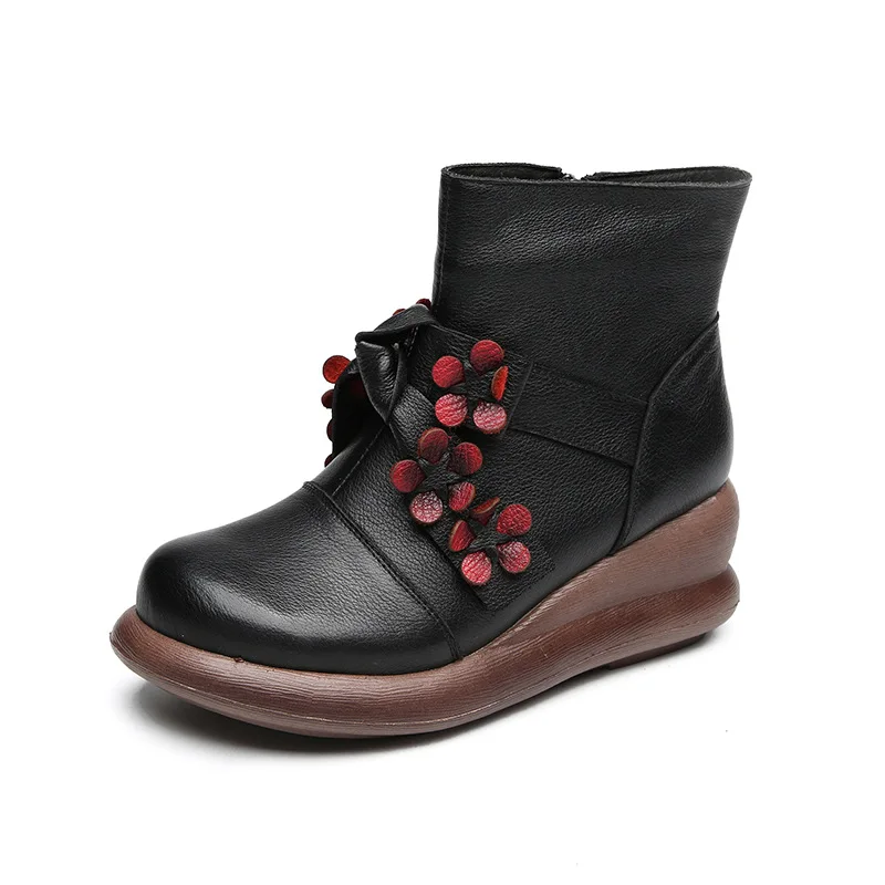 

Winter boots women's leather shoes Round head wedges with flowers retro casual snow boots 2018