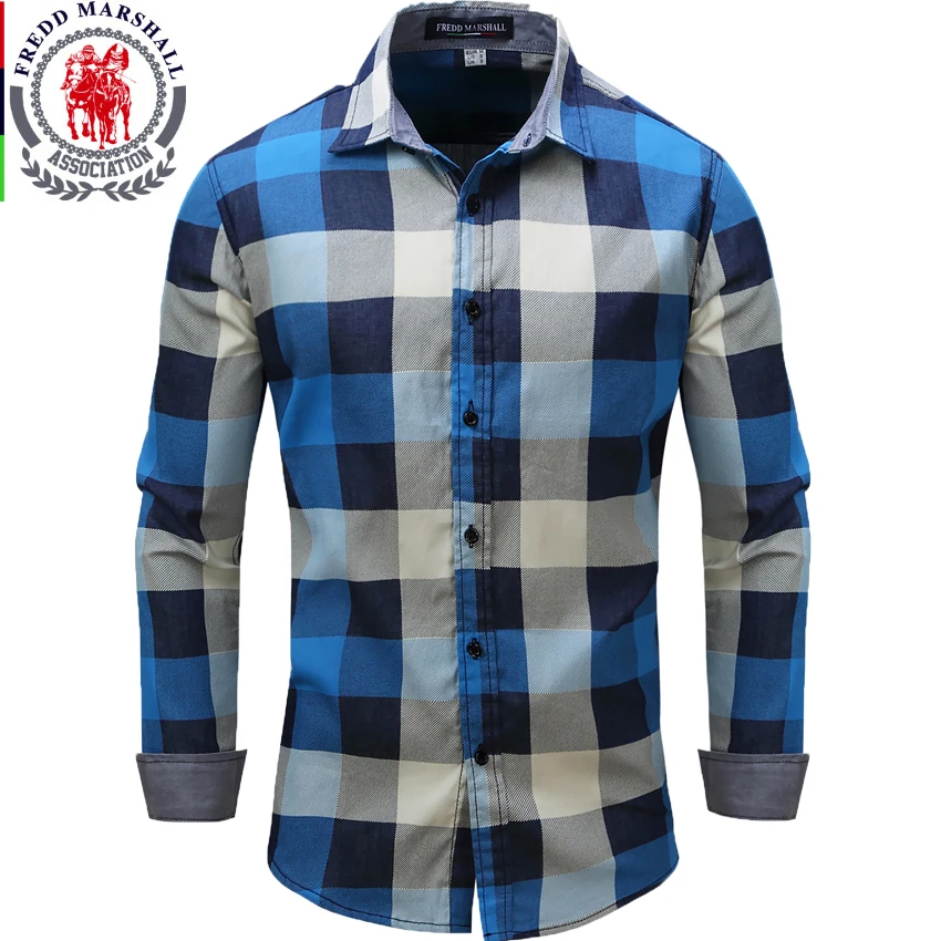 FREDD MARSHALL Brand clothing Fashion Blue Plaid Print Long Sleeve